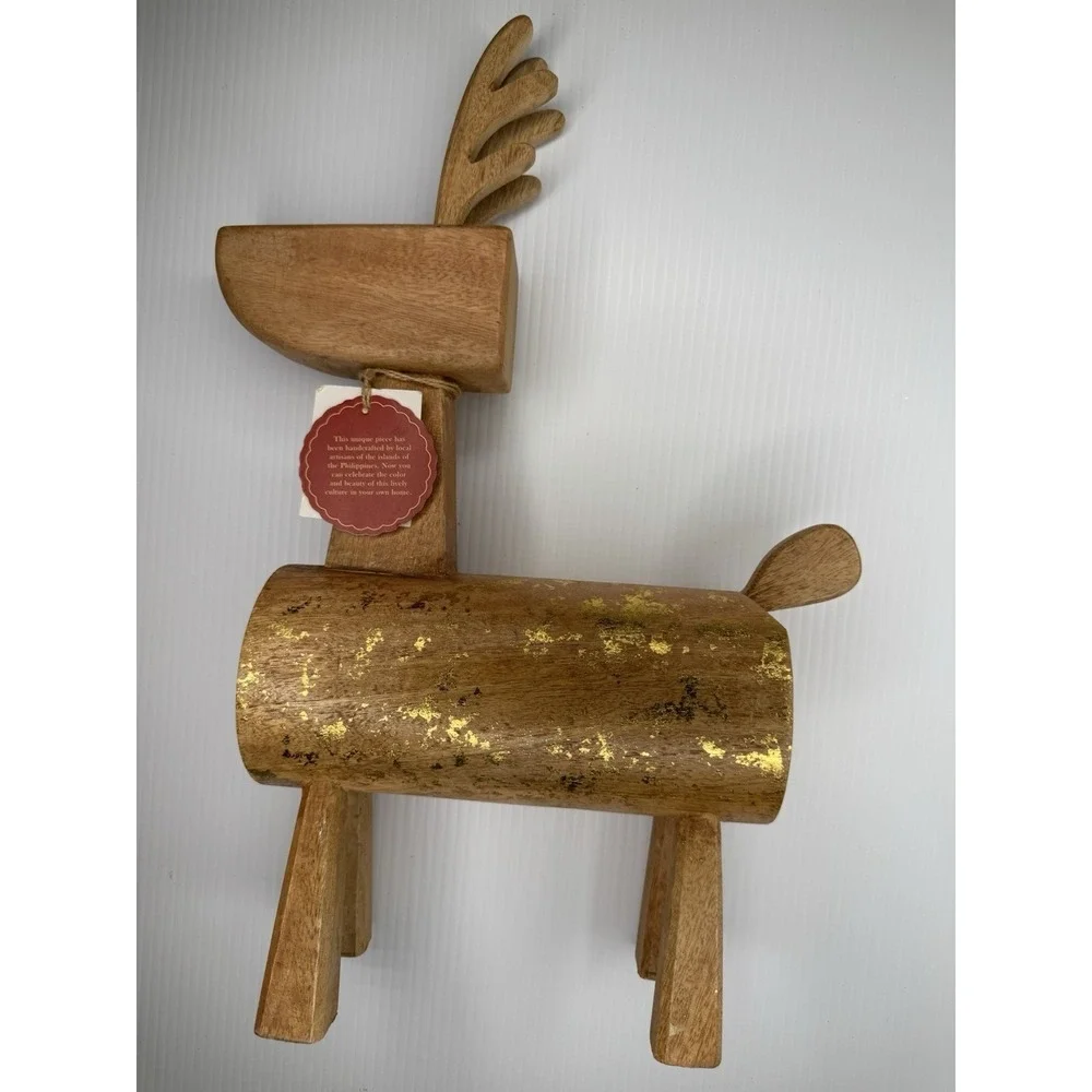 Wood Reindeer Figurine Gold Leaf Accent Handcrafted Christmas Decor 18